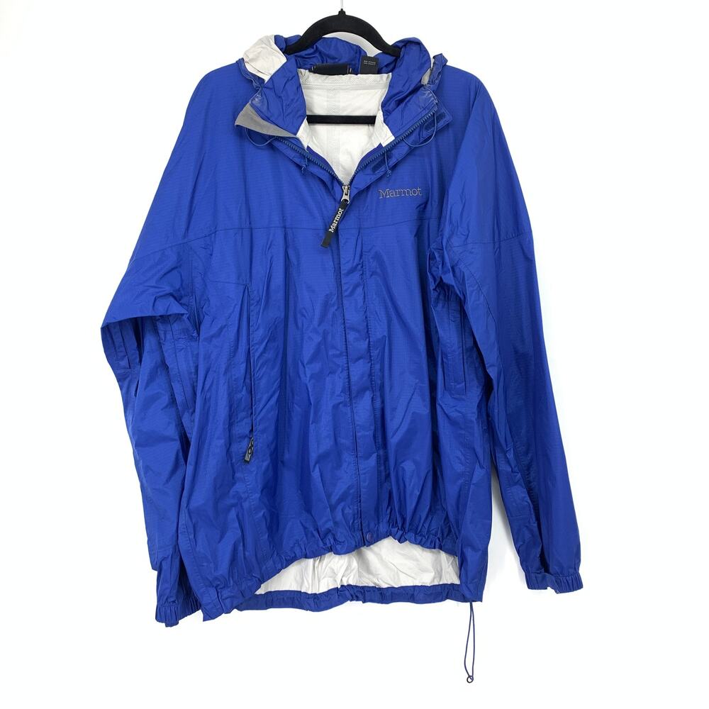 Marmot Rain Jacket Mens XL Cobalt Blue Hooded Nylon Lightweight Outdoor Shell